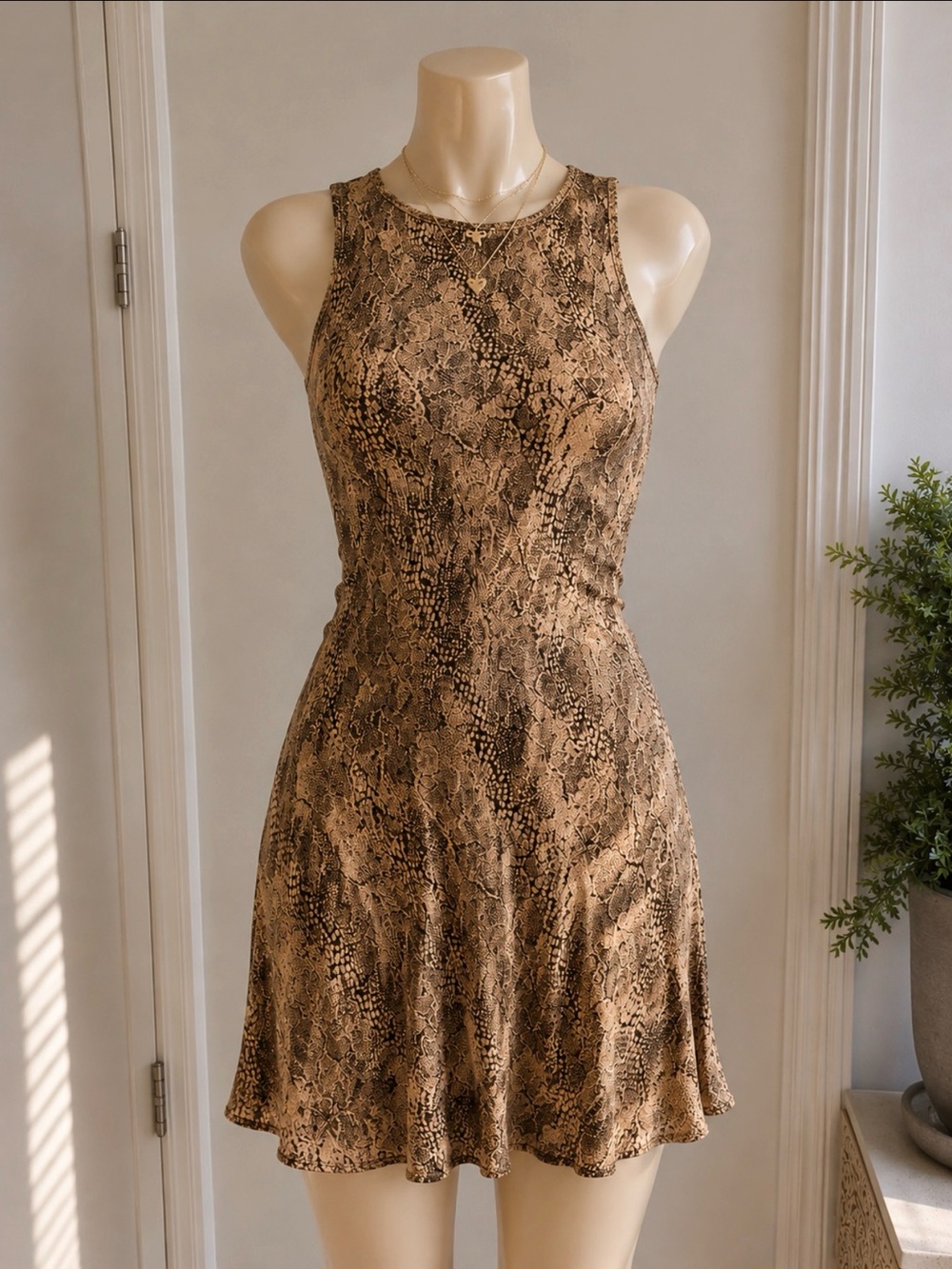 Sleeveless Snake Print A-Line Dress in Brown